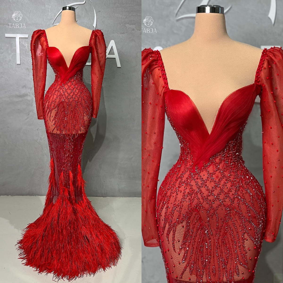 

Glamorous Mermaid Prom Dresses Deep V-neck Long Tulle Sleeves Feathers Shining Applicants Beads Zipper Floor Length Custom Made Party Dress Vestido De Noite, Same as picture