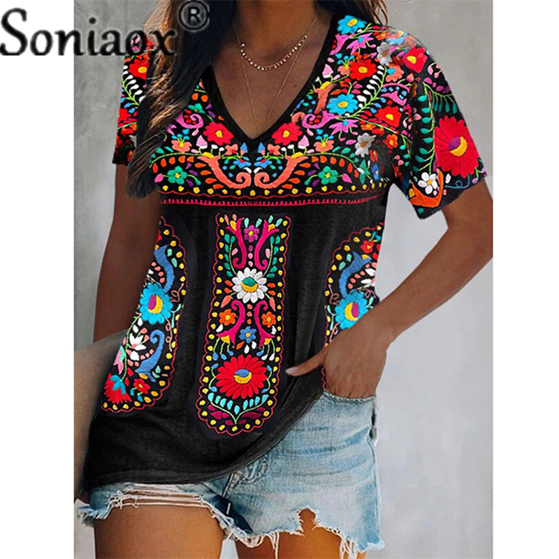 

Women' T-Shirt Sexy Boho V Neck Patchwork Blouse Tops Summer Women Short Sleeve Loose Casual Ethnic Style Print T-Shirt Pullover 230410, Black