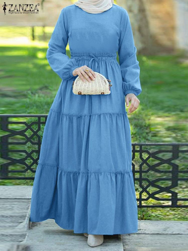 

Ethnic Clothing ZANZEA Muslim Maxi Sundress Autumn Full Sleeve Long Dress Solid Kaftan Vintage Drawstring Waist Abayas For Women Ramadan Vestido 230410