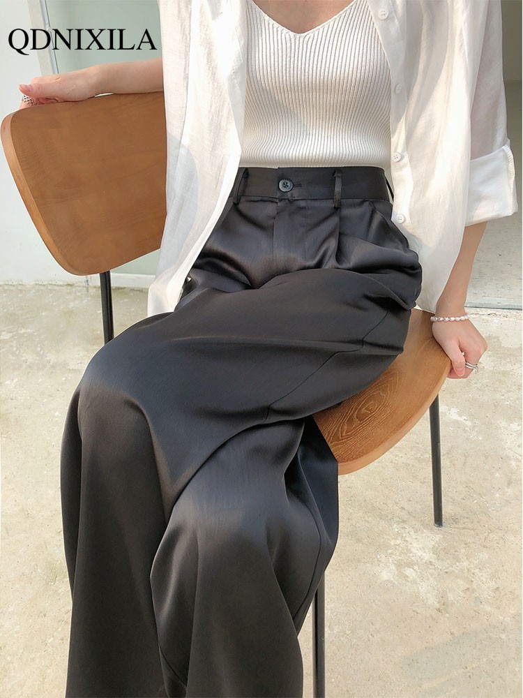 

Women' Pants Capris Summer Silk Satin Women' Pants High Waist Casual Black Korean Fashion Wide Leg Suit Pants for Women Trousers Oversize 230410, Regular-black