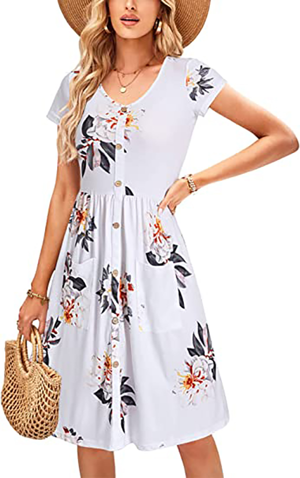 

Fashion New Dresses Women' V Neck Print Flower Button Down Skater Dress with Pockets