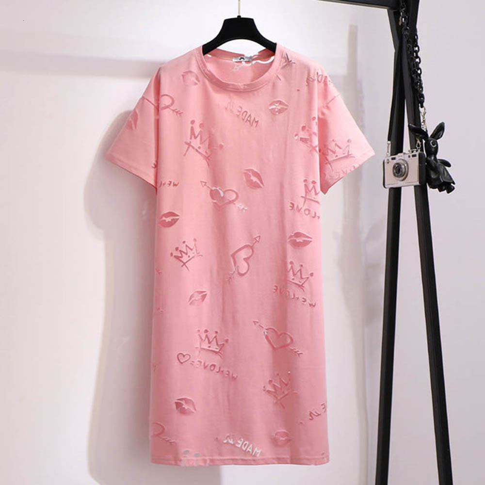 

Plus size Dresses 150Kg Size Women s Summer Loose Hollow Pattern T Shirt Bust 157cm 6XL 7XL 8XL 9XL  Short Sleeve Round Neck 230410, Pink