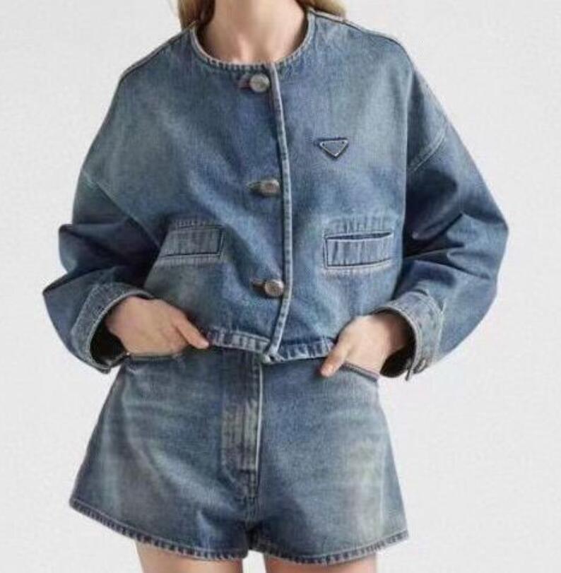 

Fashion Designer Women Two Piece Pants Luxury Clothing Sets Women' Tracksuits Inverted Triangle Denim Jackets Coat With Shorts 2pcs Suit Outfit, Blue