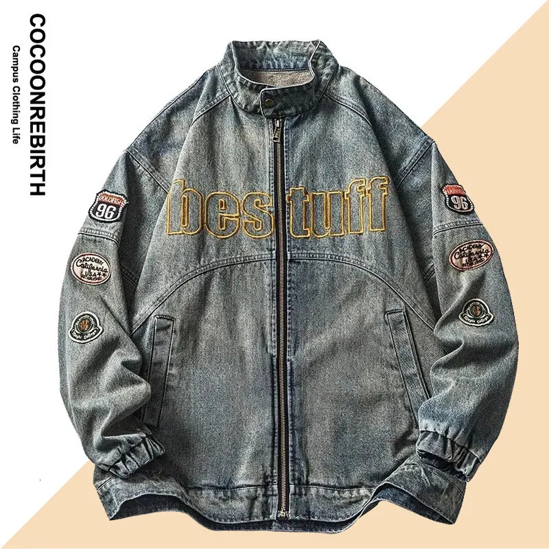 Mens Jackets American Retro Denim Jacket Men Spring Loose Letter Embroidery Motorcycle Coat Unisex Street Varsity Casual Baseball Outwear 231110