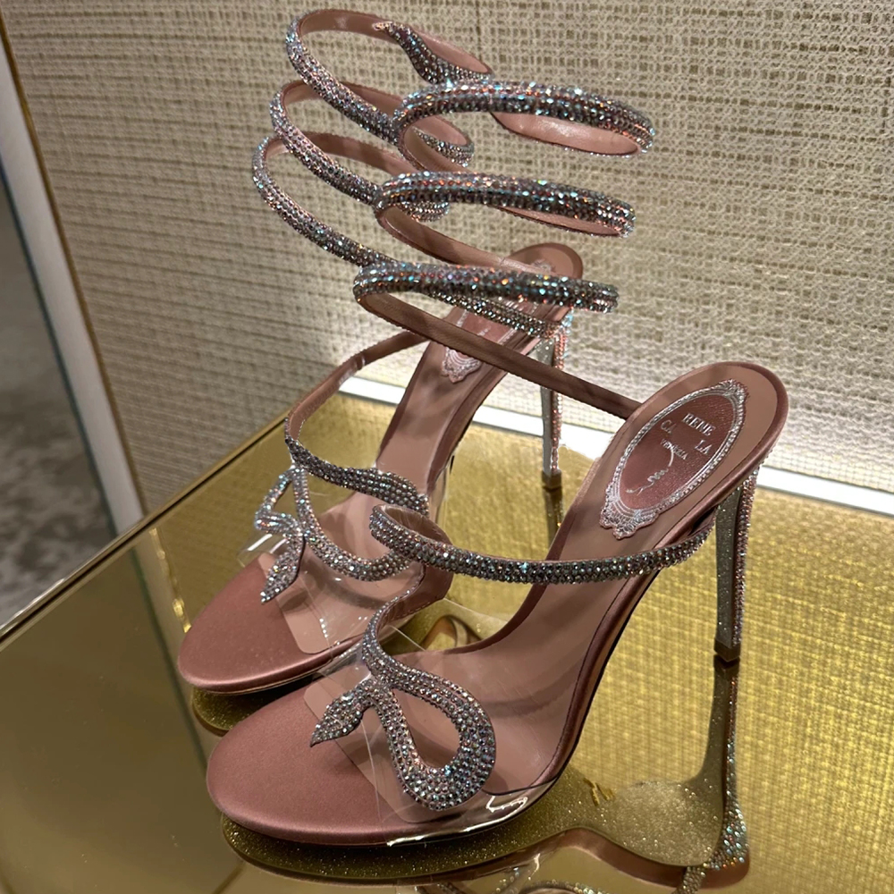 

Rene Caovilla Snake Crystal Belge Sandal Rosle PVC crystal-encrusted Golden Shining Evening shoes snake strap around the Luxury Designer 9.5cmParty Dress High Heels, 4 /9.5cm