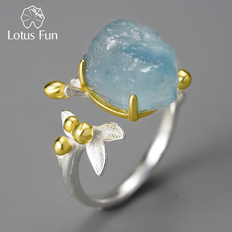 

With Side Stones Lotus Fun 18K Gold Natural Aquamarine Gemstone Flower Adjustable Rings for Women Real 925 Sterling Silver Fine Luxury Jewelry 230410