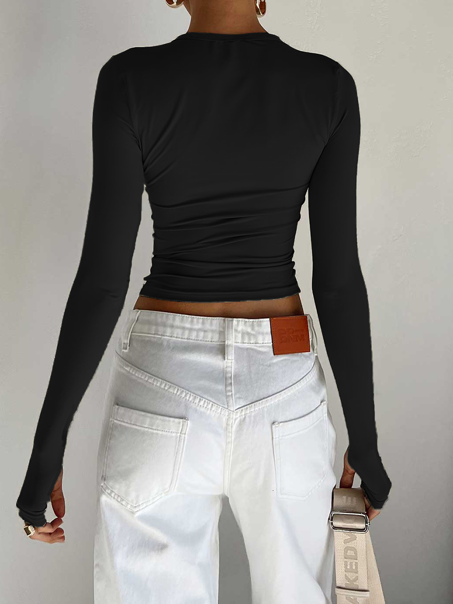 

Women' TShirt Fashion Women Tshirt Long Sleeve Crew Neck Solid Slim Fit Ladies Crop Top with Thumb Holes for Daily Streetwear Summer Camis 230410, Black
