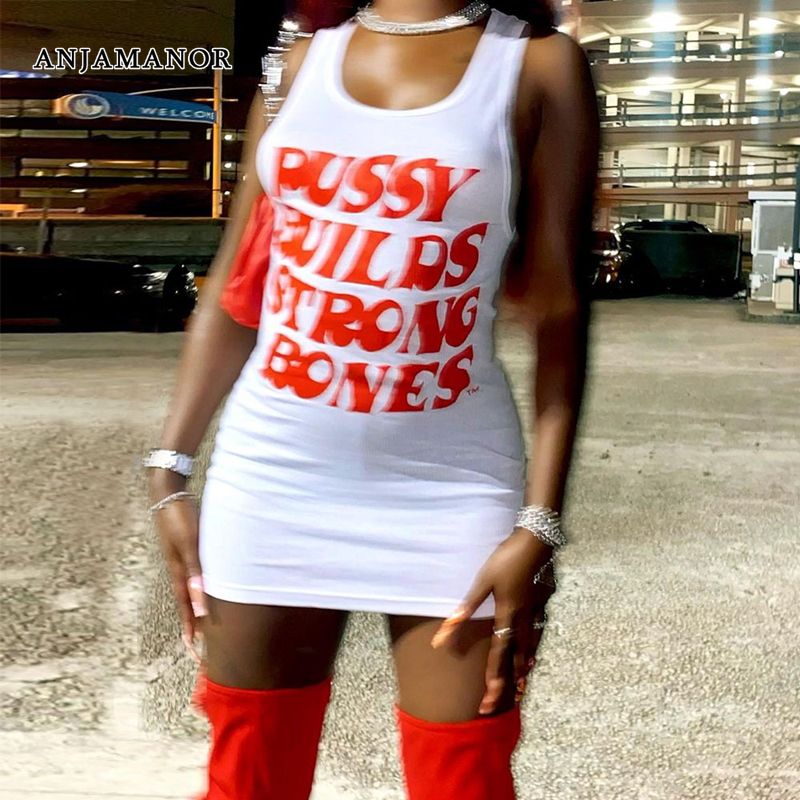 

Casual Dresses ANJAMANOR Letter Print White Rib Tank Street Fashion Sexy Summer Clothes for Women Sleeveless Bodycon Mini Dress D82BA18 220410, Green