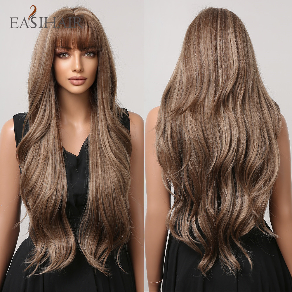 

Synthetic Wigs EASIHAIR Brown Mixed Blonde with Bang Long Natural Wavy Hair Wig for Black Women Daily Cosplay Use Heat Resistant 230410, Wig lc226-4