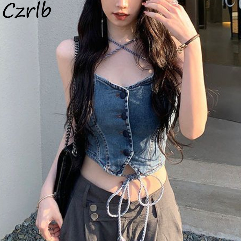 

Camisoles Tanks Denim Cami Summer Sexy Bandage Korean Fashion Y2k Clothes High Street Slim Solid All match Daily Casual Chic 230410, Beige