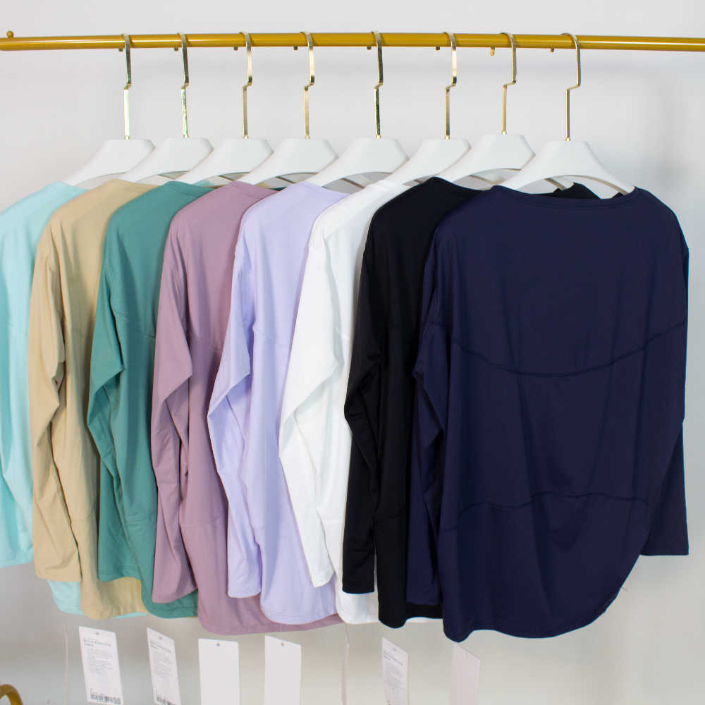 

Yoga Outfit Lulu Women Summer Breathable Comfortable Sports Solid Color Round Neck Long Sleeve Gym Running Fitness Dance Loose Yoga Top lululemens, 1pcs random color