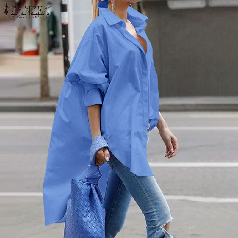 

Women's Blouses Shirts ZANZEA Stylish Long Shirt Women Casual Solid Full Puff Sleeve Blouse Elegant High Low Button Chemise Vintag Lapel Baggy Top 230410, White