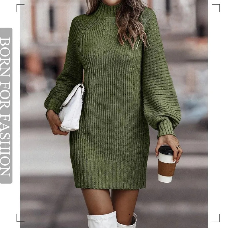 Robes décontractées de base Vintage Robe en tricot d'hiver Mesdames Chic Chic Coltlowneck Lantern Long Manche à manches longues Robes de pull pou