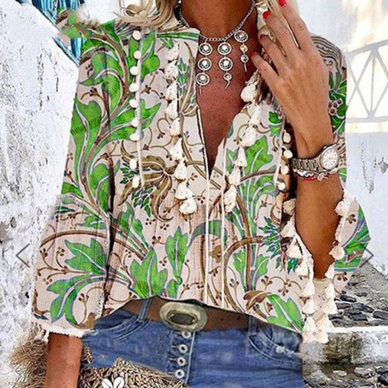 

Women' Blouses & Shirts Boho Blouse Elegant V Neck Tassel Women Tops Sexy Three Quarter Sleeve Floral Print Shirt 2023 Spring Autumn Chic, Green