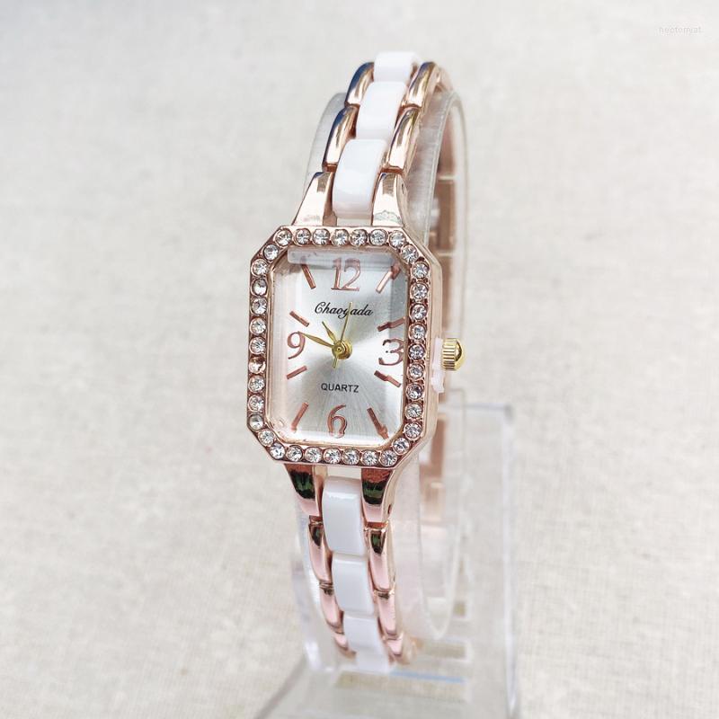 

Wristwatches Fashion Elegant Wrist Watch Women Girl Exquisite Crystal Rectangle Style Metal Alloy Band Quartz Bracelet Clock, White