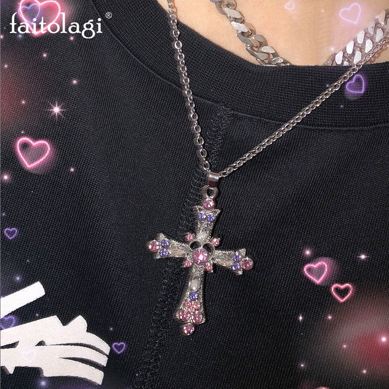 

Chokers Gothic Pink Cross Necklace Y2K Purple Zircon Punk Pendant Grunge Heart for Women Jewelry Accessories 230410