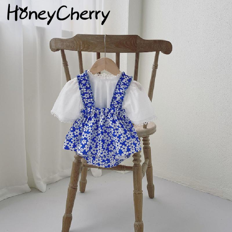 

Clothing Sets Summer Baby Short Sleeved Top Suspenders Pantsuit Blue Floral Romper Born Girl Clothes