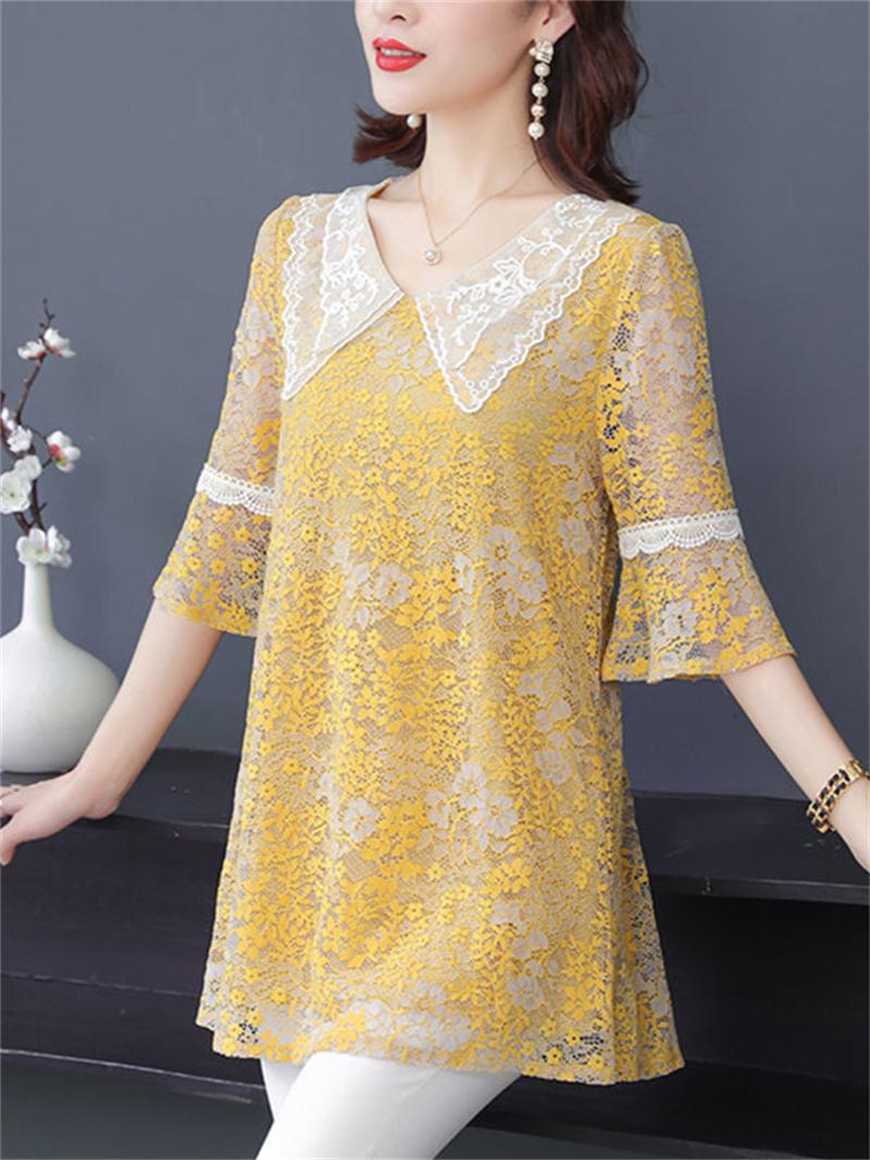 

Women's Blouses & Shirts Women Spring Summer Lady Fashion Casual Half Sleeve Turn-down Collar Sexy Lace Embroidery Blusas Tops2488Women's, Purple