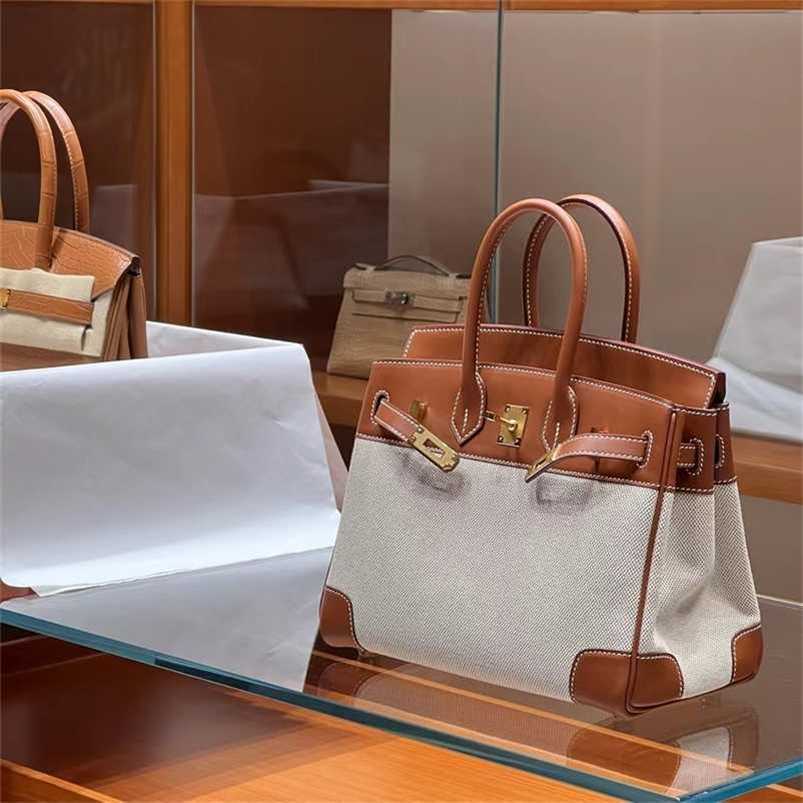 

Designer Birkin H erms handbag Canvas with qq wirh logoqq with logo, Golden brown