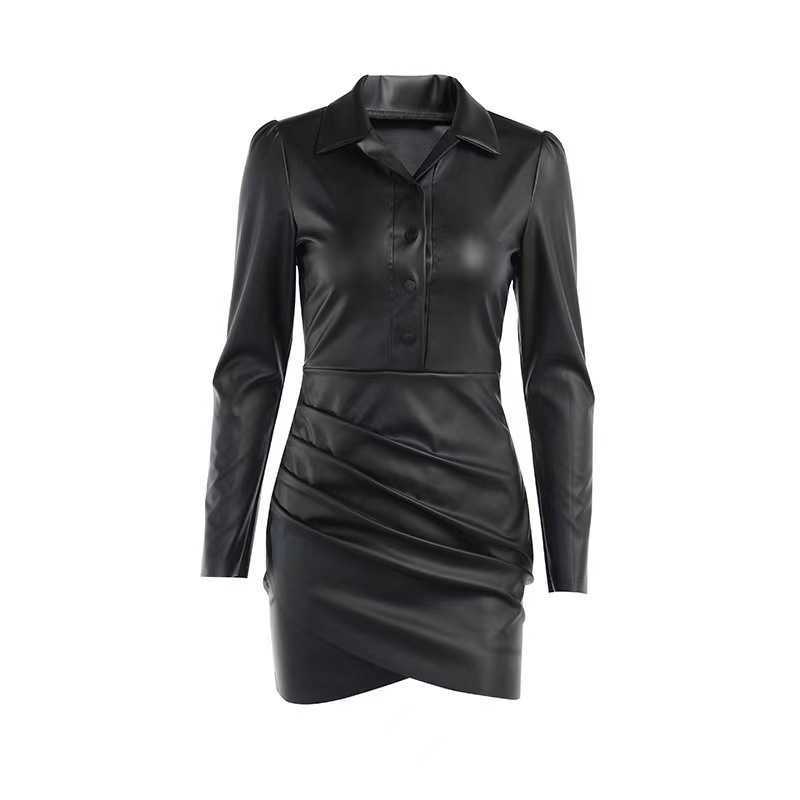 Deep V open buckle bag hip leather dress spring new temperament commuter women's short skirt Q231110-image-882420489