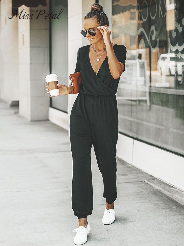 

Women's Jumpsuits Rompers MISS PETAL Vneck Short Sleeve Jumpsuit For Woman Casual Long Jogger Pants Playsuit Summer Overalls Bodysuits Rompers 230410, Black--caa02e2f022aa