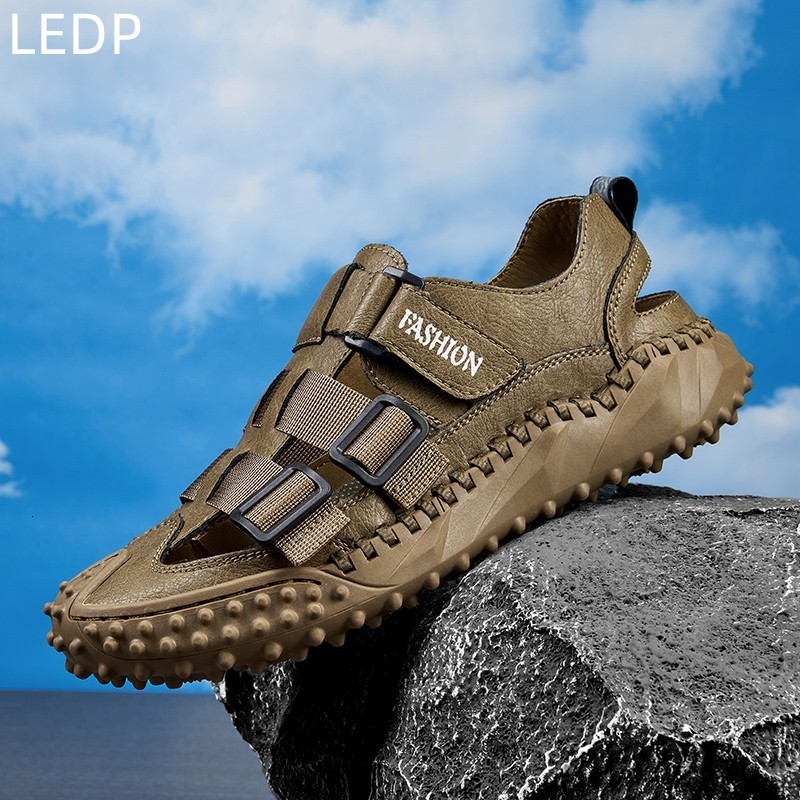 

Sandals Men s Summer Leather Beach Casual Lightweight Outdoor Comfortable Trendy All match Shoes Breathable Flat Bottom 230410, Khaki