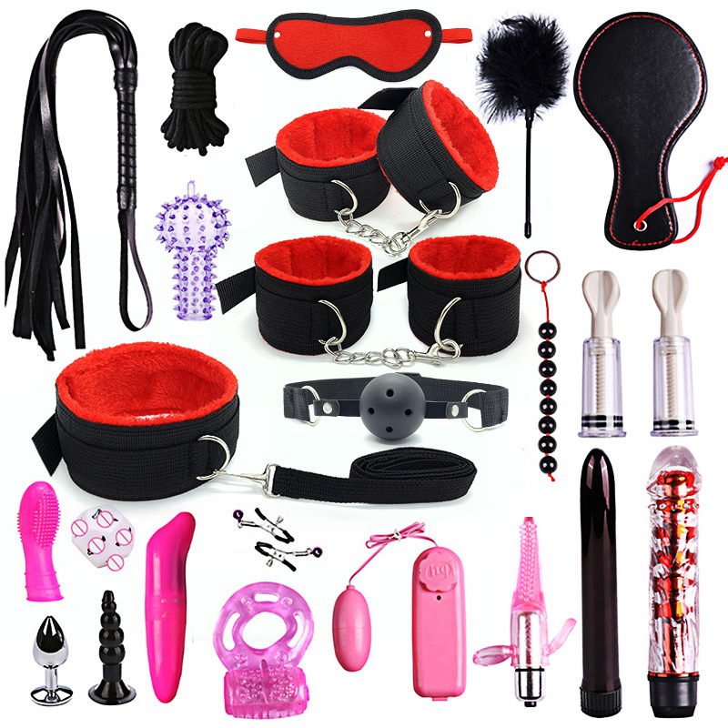 

Bondage Kit Restraint Fetish Whip Rope Blindfold Wrist Cuffs Collar Mouth Gag Bondages kit 24 Pcs/Set adult products sex toys