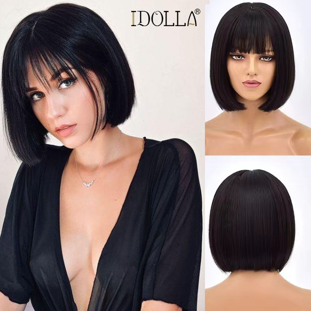 

Synthetic Wigs Idolla Short Bob Wig With Full Bangs Natural Color For Black White Women Halloween Christmas Cosplay Lolita Hair 230410, 1b