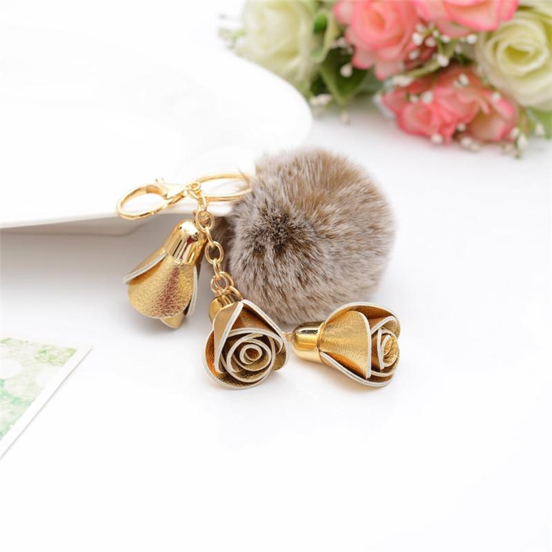 

Keychains Plush Imitated Fur Ball Keychain With Flower Pom Key Chain Pendant Bag Accessories EH763