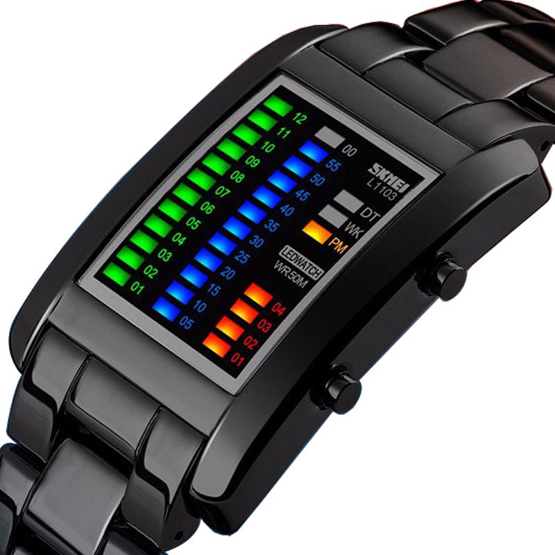 

Wristwatches Men Creative Digital Watches Colorful LED Display Rectangle Fashion Luxury Wrist Business Man Cool Todo Clock Diagram, Black