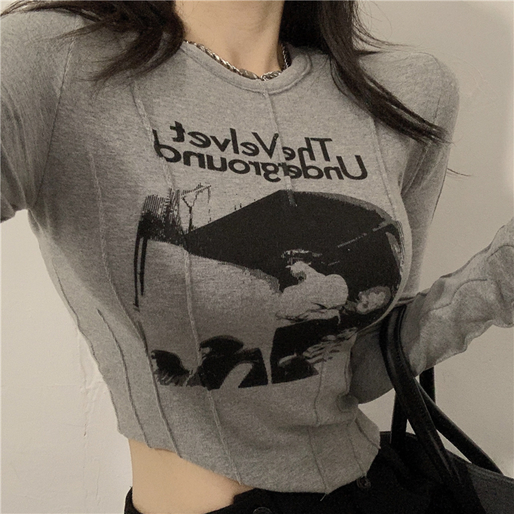 

Womens TShirt Graphic Print Cropped Tops 90s Retro Long Sleeve Tight Tshirt Y2K Autumn Basic Harajuku Street Clothing 230410, Black