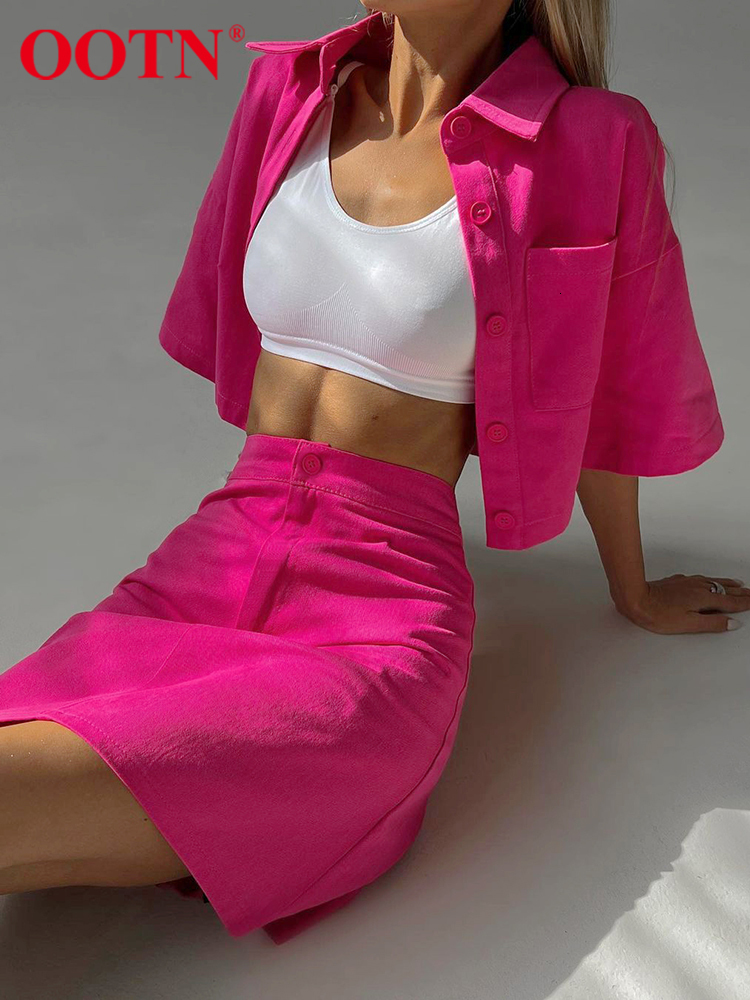 

Two Piece Dress OOTN High Street 2 Pieces Skirts Sets Lapel Short Sleeve Shirts Outwear Summer Outfit High Waist ALine Mini Skirts Suits Women 230410, Green