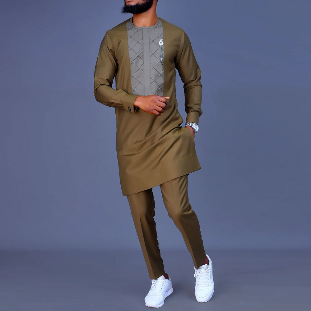 

Men's Tracksuits African Men's Sets Ankara Embroidery Kaftan Summer Set Man All Occassion Plaid Shirt And Sweatpants Male 2 Piece Set African 230410, Beige