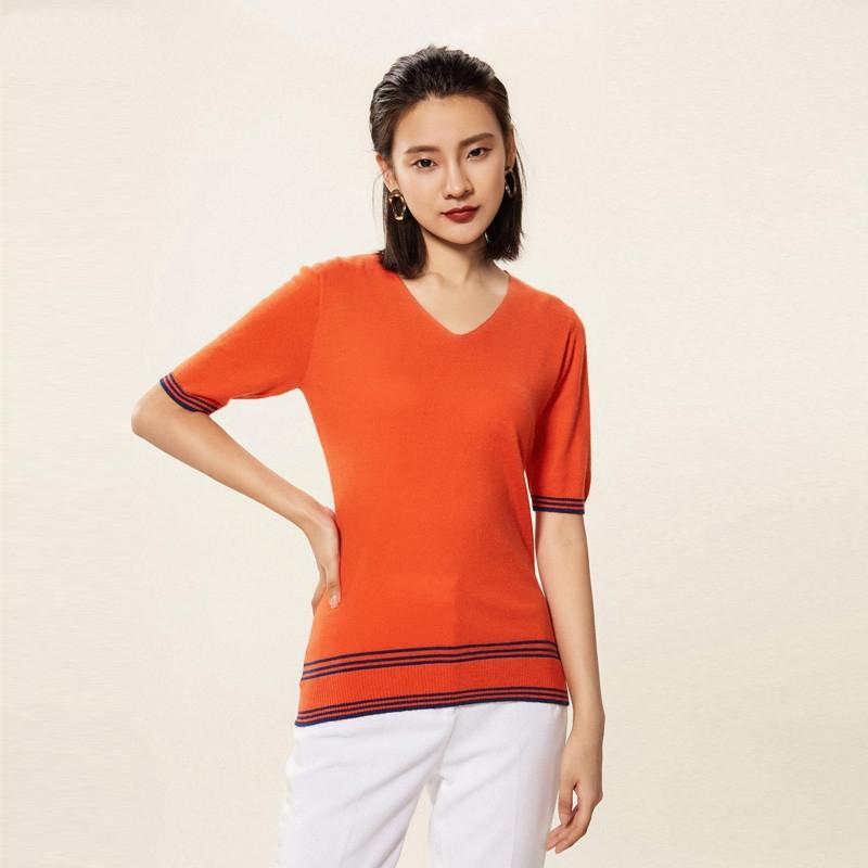 

Women' Sweaters 2023 Summer Pattern Women Cashmere Sweater V-collar Solid Color Half Sleeve Fine Yarn Good Ventilation Stripe Style Pullove, Black