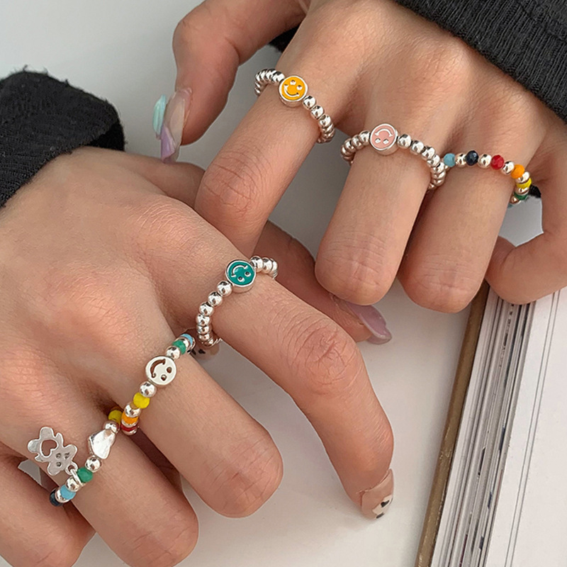 

Band Rings Rainbow Smiley Beaded for Women Handmade Cute Funny Face Elastic Finger Ring Minimalist Vintage Jewelry Gift 230410
