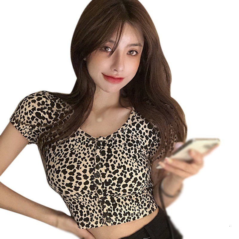 

Women s T Shirt Leopard O Neck Tshirt Summer Slim Sexy Navel Exposed Short Sleeve Tee Shirt Tops 220410, Beige