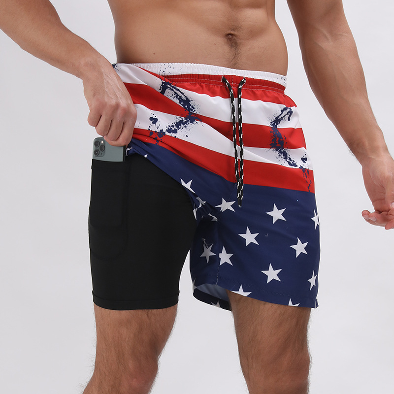 

New men's casual beach sports shorts printed double layer shorts men's anti-light plus size, Dk16880410d04