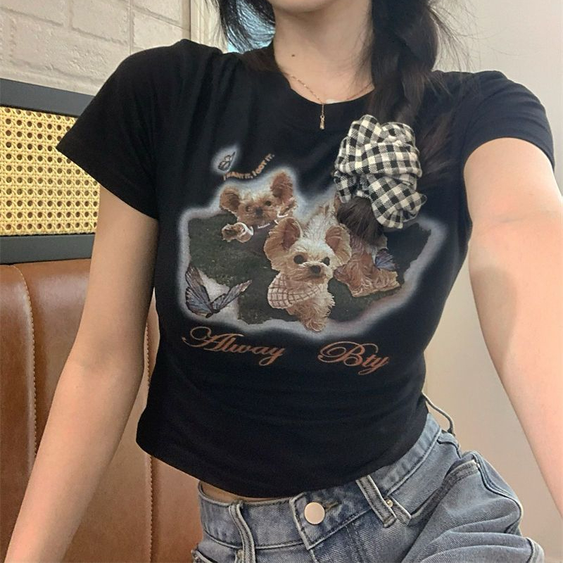 

Men  T Shirts Tigh puppy prin shor sleeved shir women summer ho girl pure desire op y2k clohes graphic shirs op 230410, Black
