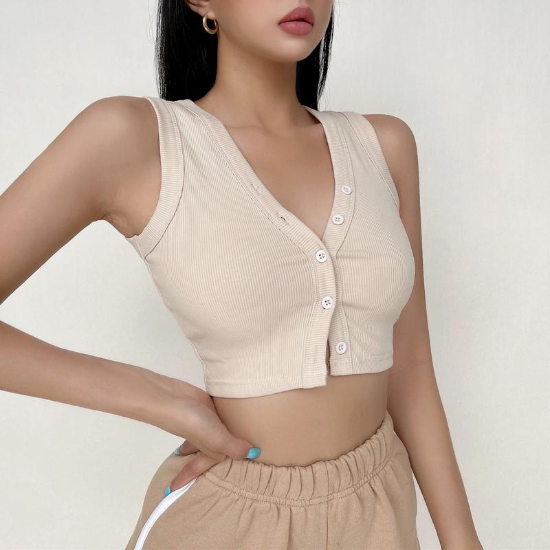 

Women' Tanks & Camis Women Ribbed Tank Top With Button Through Details Boho Sexy Korean Vest S78KFWomen, Beige
