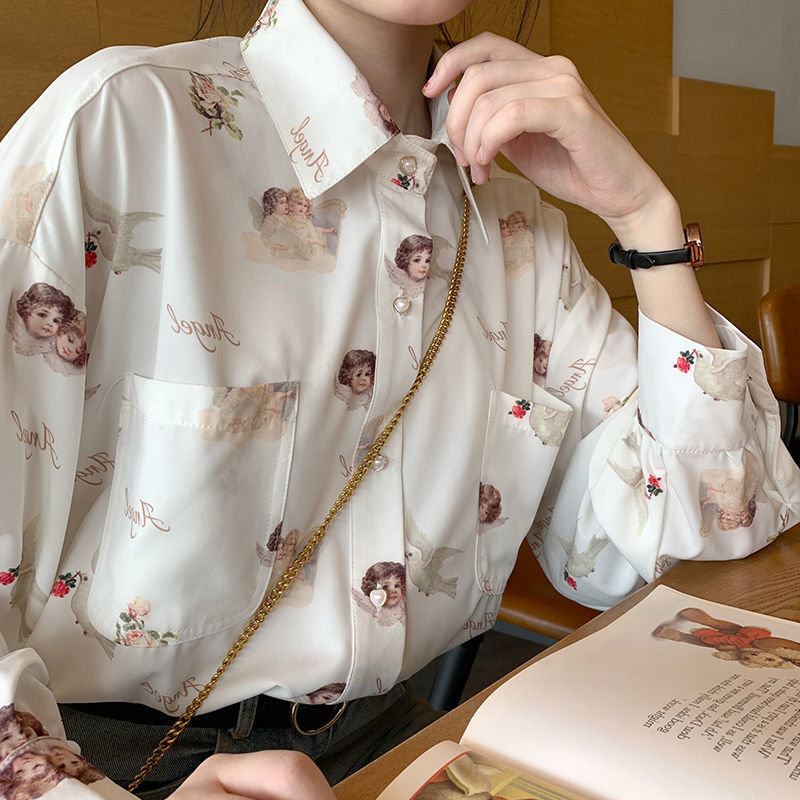 

Women s Blouses Shirts Harajuku Angel Print Womens Vintage Elegant Blouse Women Autumn Lantern Sleeve Female Clothes Loose BF 220410, White