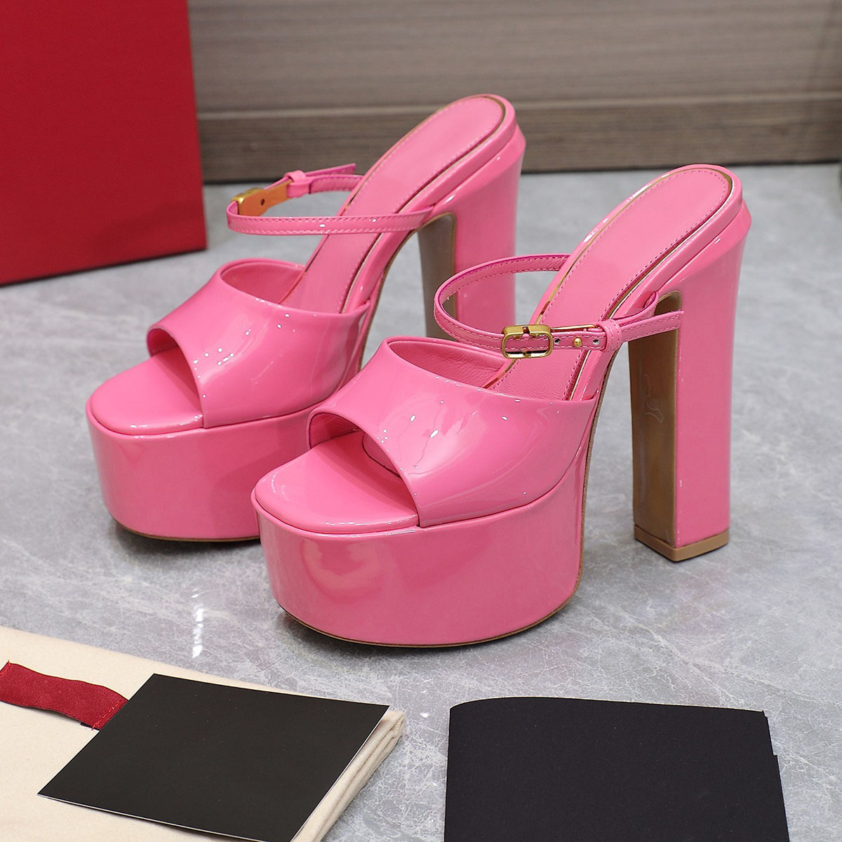 

Tan-Go platform Mule Slippers Slides Sandals heeled platform pumps chunky block heels women's luxury designers leather outsole evening shoes 155mm factory footwear, Pink