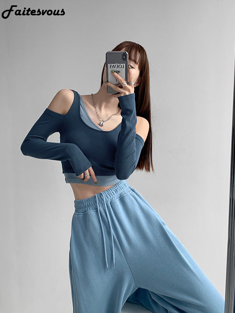 

Women's T-Shirt Patchwork Women's T-shirt Fake Two-piece Slim Long Sleeve Y2K Crop Tops Woman Spring Autumn 230410, Black