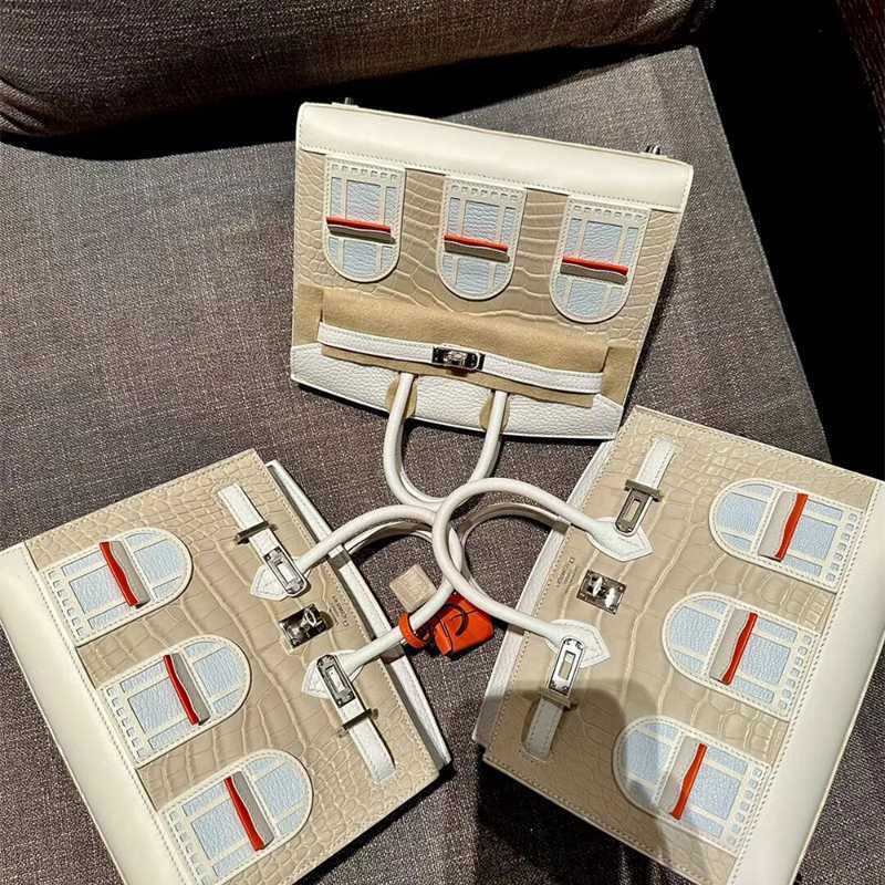 

Luxury Designer Herms Birkins Handbags Totes Free Shipping Handsewn Honey Wax Thread Crocodile Skin Women's Bag Real Leather Bag White Small House Bag Handmade Bag, White2