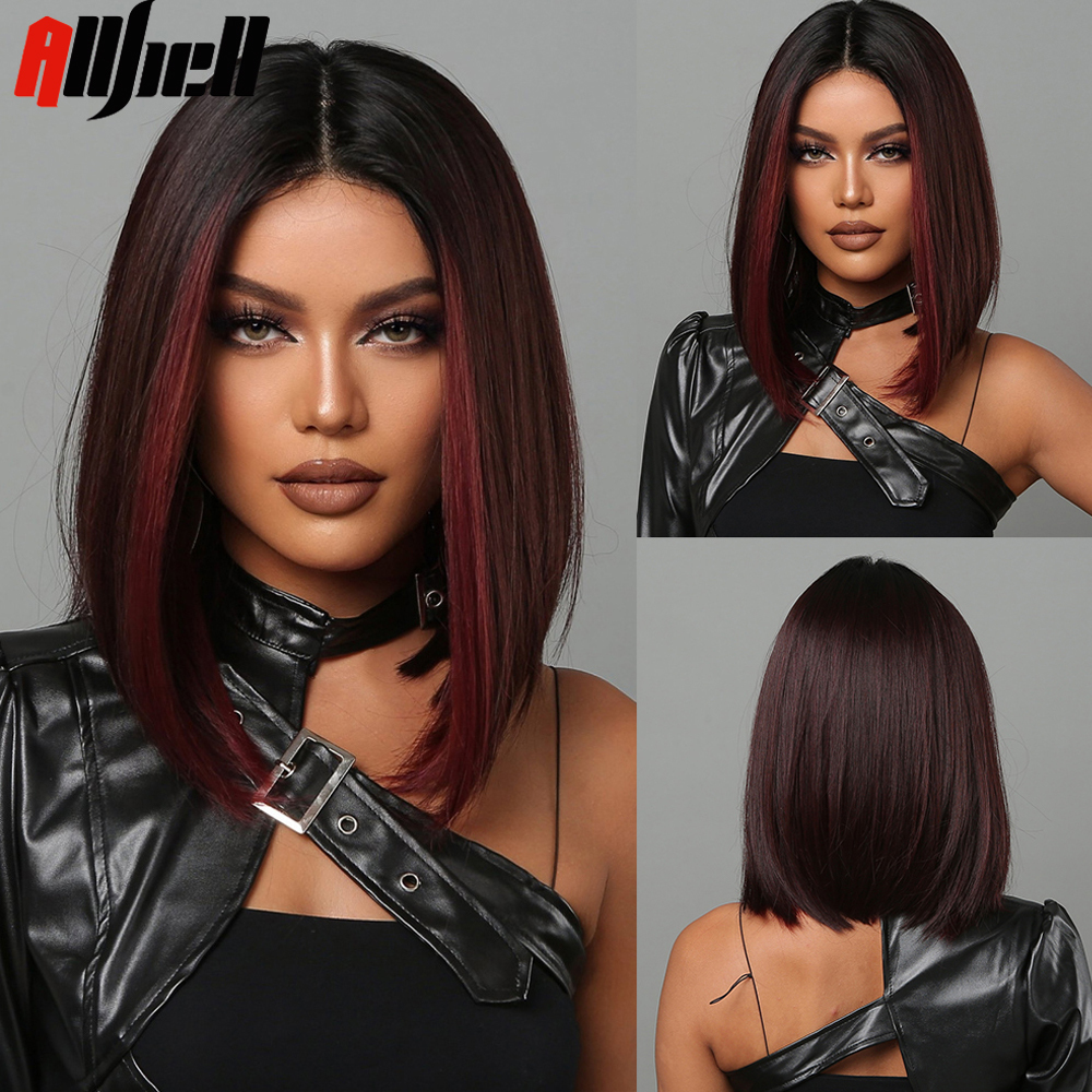 

Synthetic Wigs Medium Length Chestnut Brown Middle Part Wine Red Highlights Straight Wig Heat Resistant for Women Party Cosplay 230410, Wig-lc2050-1