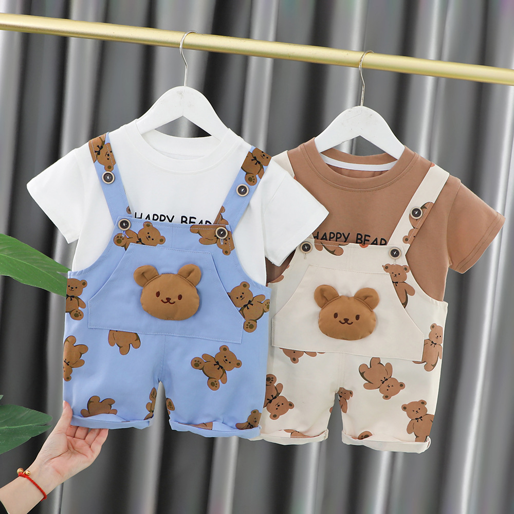 

New Summer Baby Clothes Suit Children Girls Boys Casual Bear T-Shirt Overalls 2Pcs/Set Toddler Active Costume Kids Sportswear 1-4 Years, Beige
