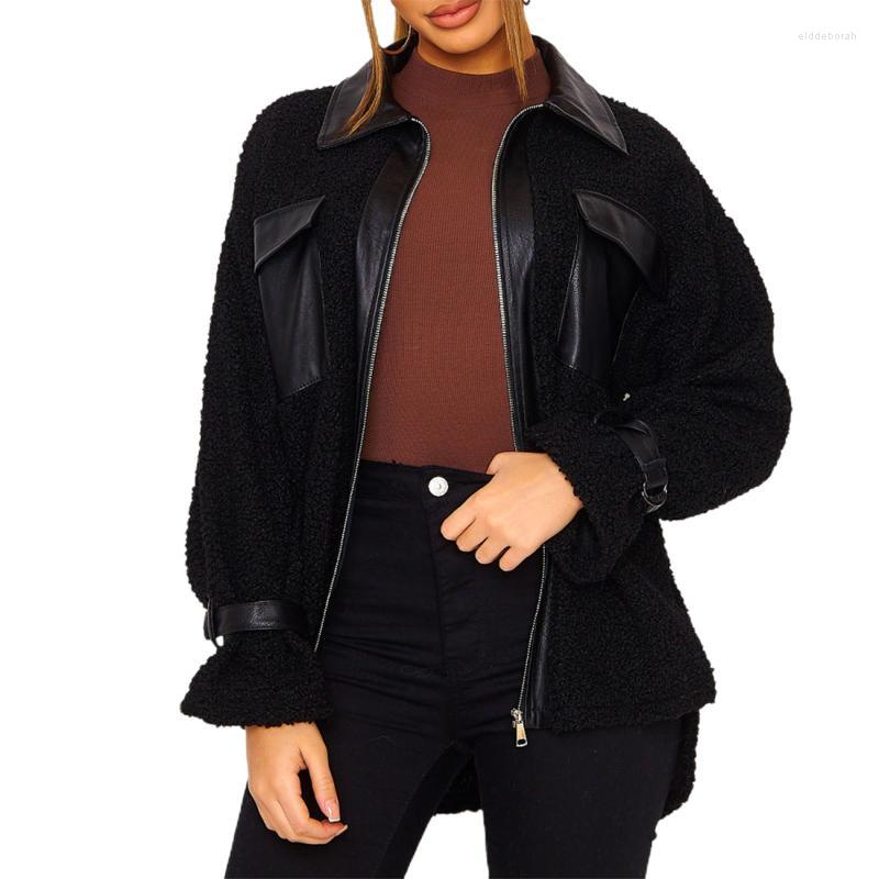 

Women' Jackets Long Sleeve Lamb Wool Coat Girl' High Collar Zipper Jacket Casual Loose Contrast Color Outer Wear, Black