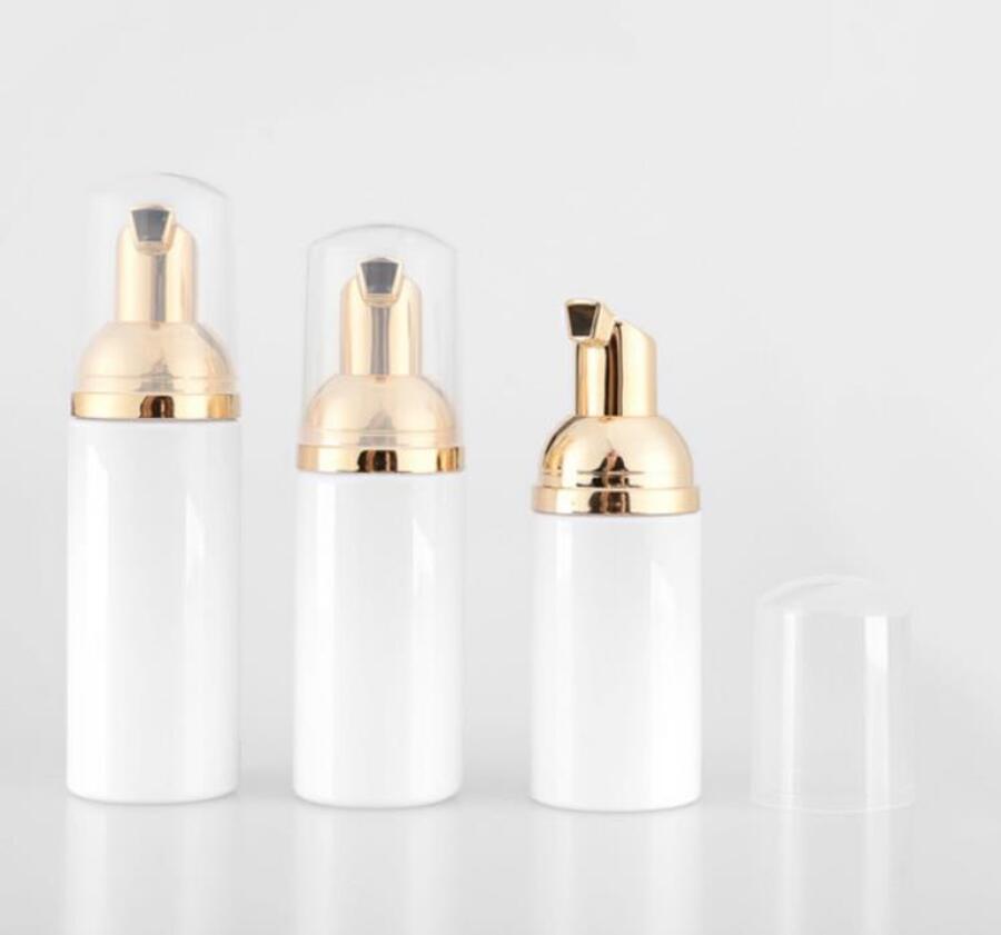 

30ml 50ml 60ml Empty Bottle Cosmetic Facial Cleanser Wash Cream Plastic PET White Liquid Soap Foam Bottle with Golden Foamer Pump 100PC