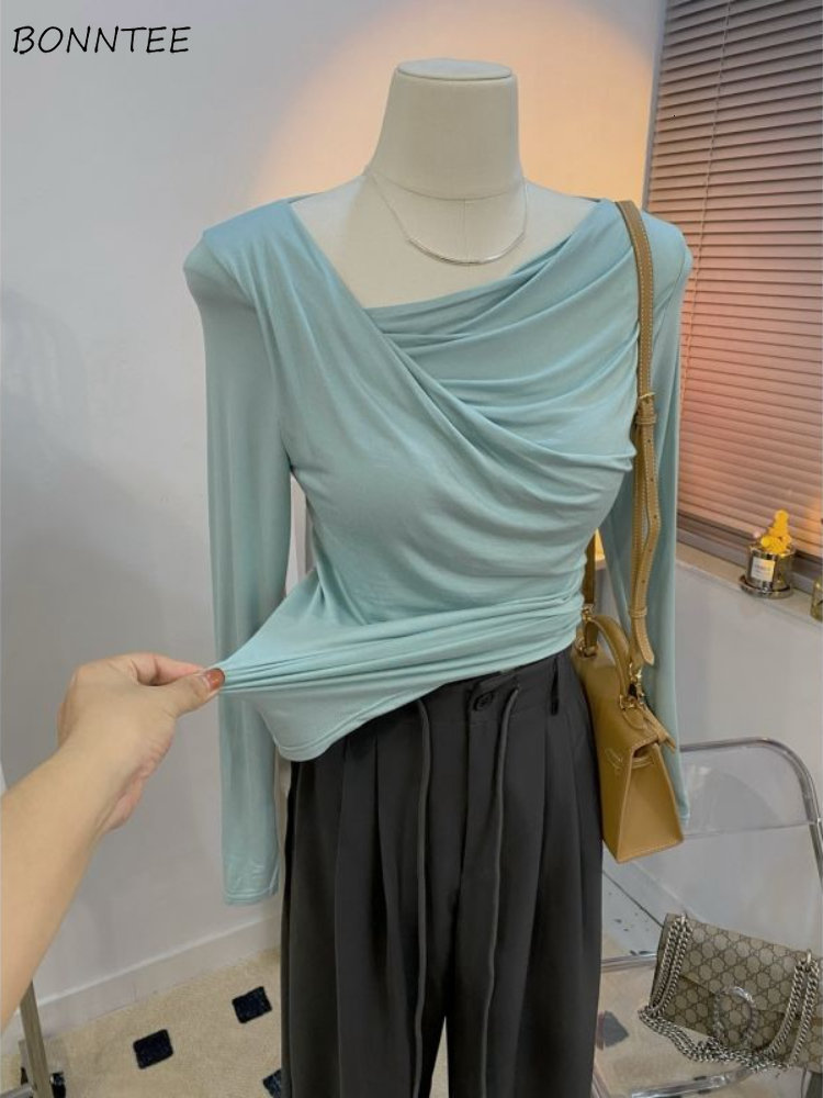 

Women' T-Shirt Irregular T-shirts Women Pure Temperament Female Autumn Inside Elegant Basic Casual Chic Korean Style Slim Cozy Shirring Tops 230410, Apricot