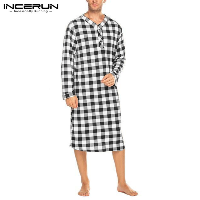 

Men's Sleepwear Men Plaid Sleep Robes Sleepwear Men Fashion Soft Loose Long Sleeve V Neck Button Nightgowns Casual Long Pajamas INCERUN 230410, Wine red