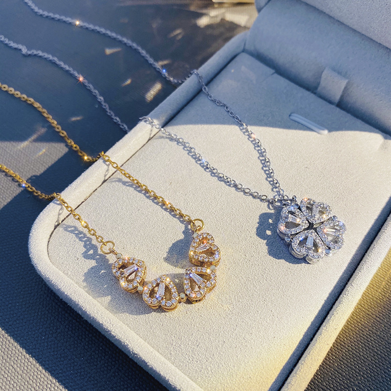 

Chokers Creative Magnetic Folding Heart Shaped Four leaf Clover Pendant Necklace Jewelry Two Ways To Wear Unusual Party Gift 230410